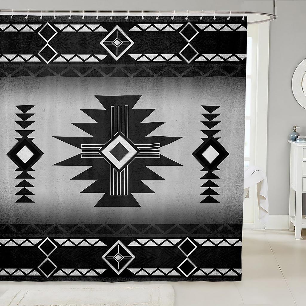 Southwest Shower Curtain, Geometric Aztec Tribal Pattern Bathroom Curtain Vintage Striped Western Waterproof for Kids Girls