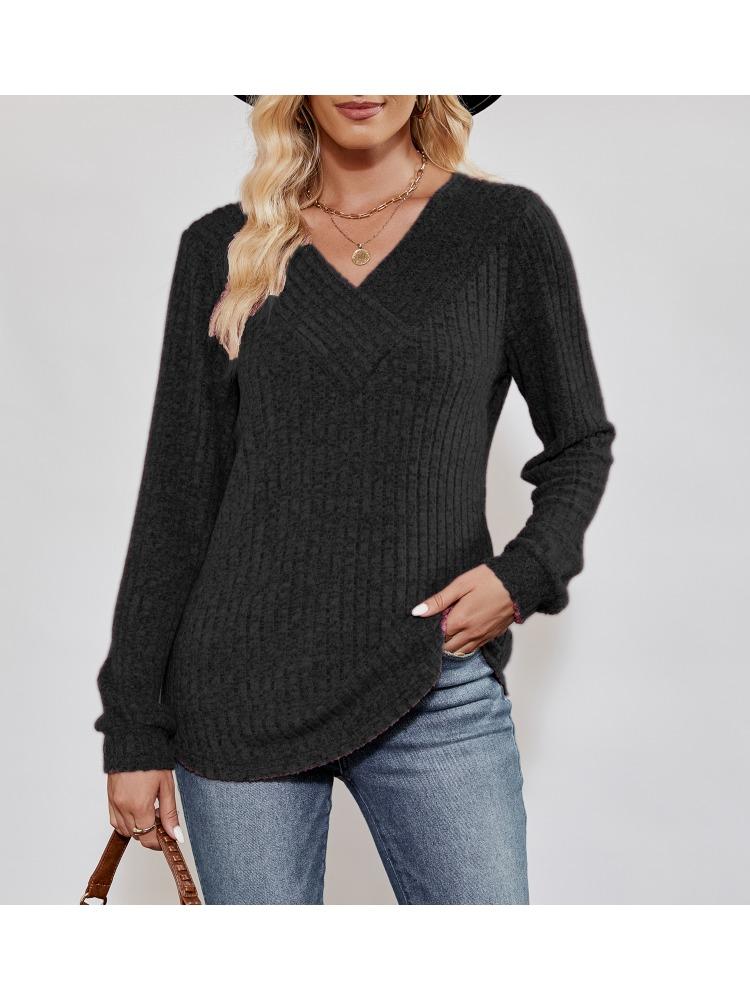 

Fashion Women s Casual Tops Solid Color V-neck Pit-striped Long-sleeved T-shirt Tops Comfortable and Versatile T-shirt for Ladies XXL чёрный