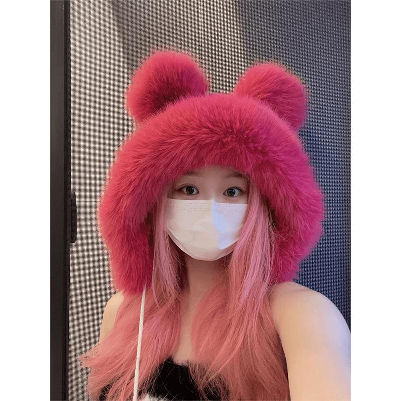 Winter Warme Frauen Flauschigen Gehörschutz Hut Bär Ohren Pom-pom Strap Warme Nachahmung Nerz Haar Süße