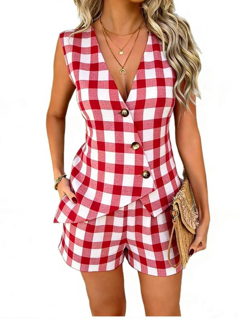 Summer 2026 Plaid Color Block Cardigan Vest & Shorts Set