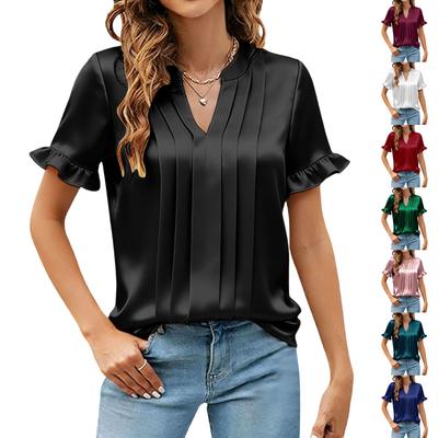 Women's Fashionable Casual Satin V-Neck Pleated Short-Sleeve Loose-Fit T-Shirt
