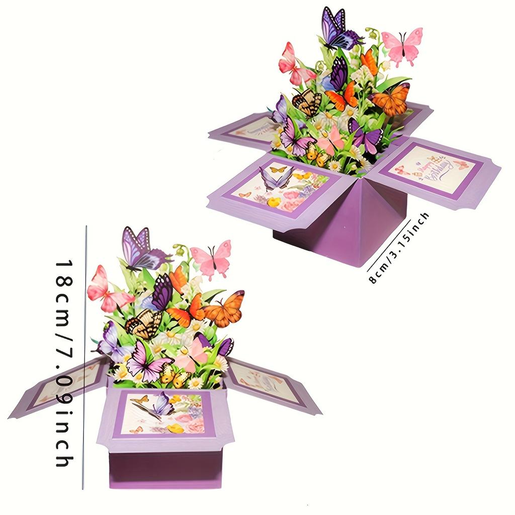 1pc, Purple Butterfly Flower Greeting Card, 3D Three-Dimensional Flower Box, Pop-up Birthday Flower Box, Warm Birthday Compound