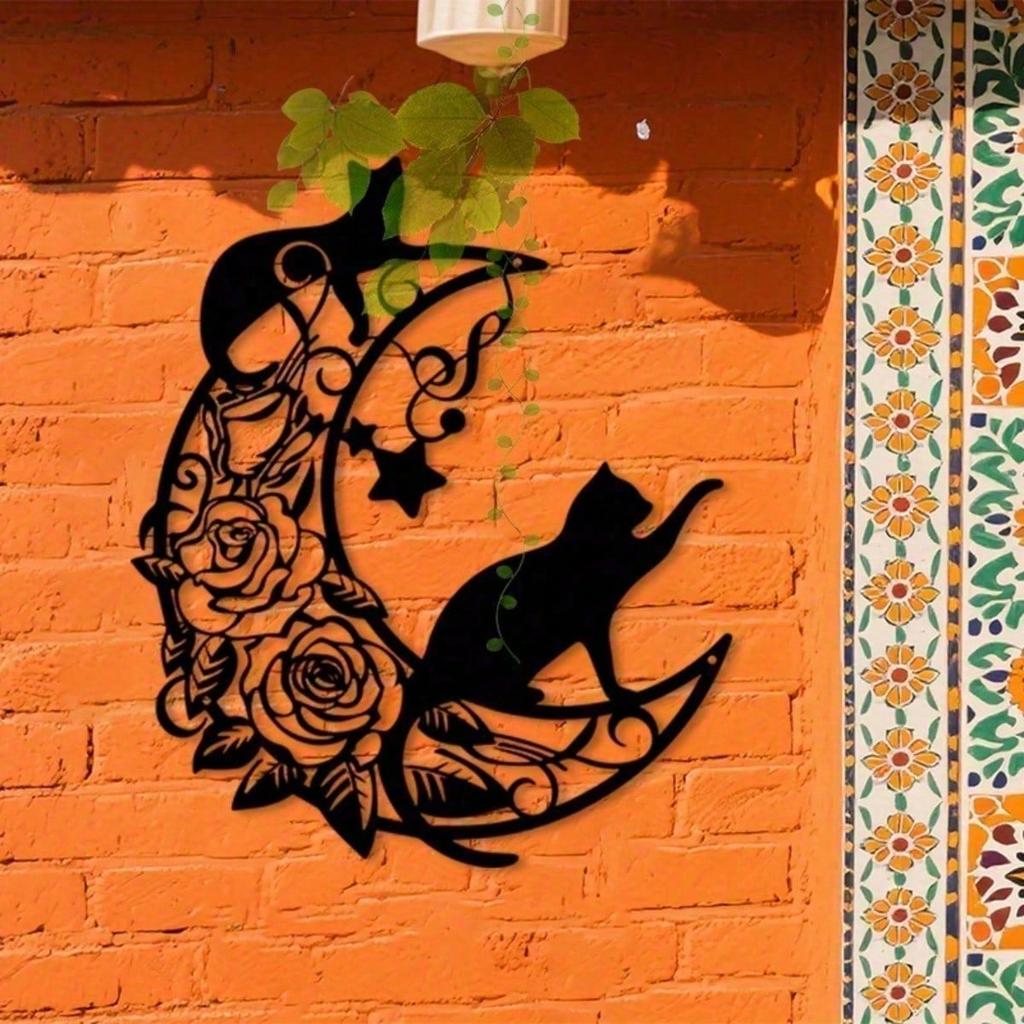 Metal Wall Art Cat and Moon Decor for Garden and Home