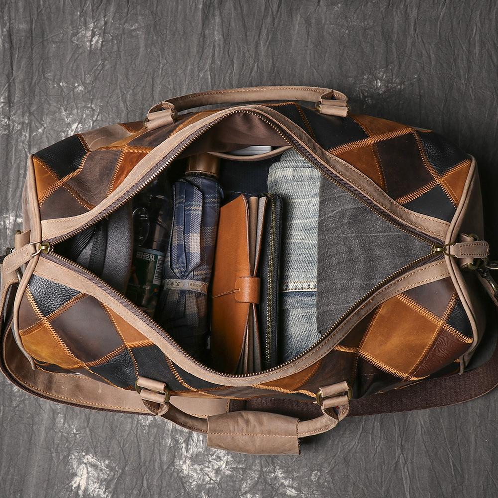 Vintage New Men'S Genuine Leather Quilted Top-Layer Cowhide Handbag Travel Bag Shoulder Crossbody Business Luggage Bag