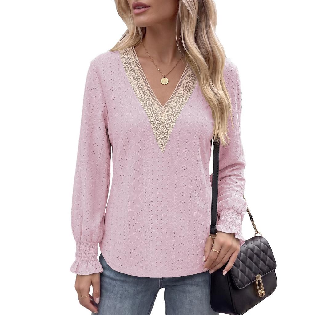 Fall Winter New Solid Color V-Neck Lace Splicing Loose Long Sleeve T-Shirt Top for Amazon EU US Cross-border Trade