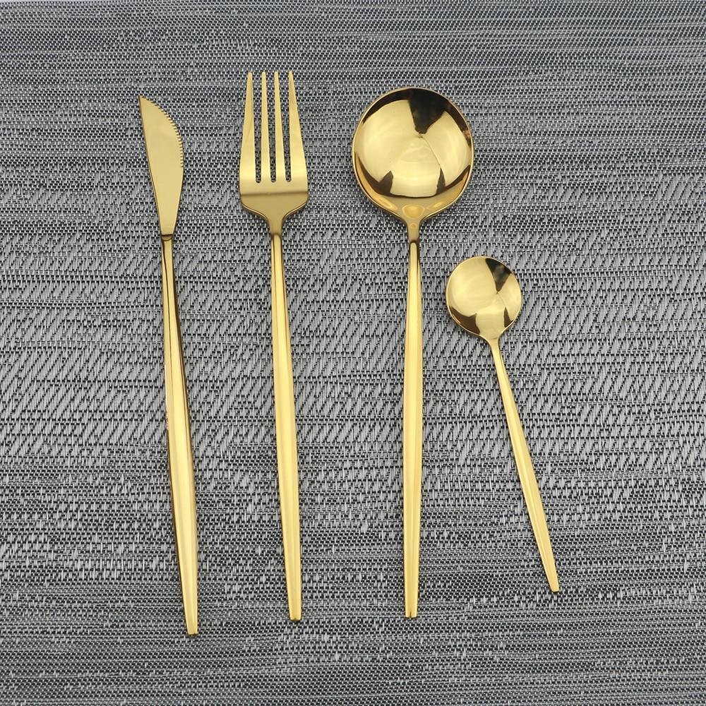 Gold Dinnerware Set Rainbow Tableware Dinner Set Stainless Steel Cutlery Set Mirror Knife Fork Tea Spoon Silverware Flatware Set