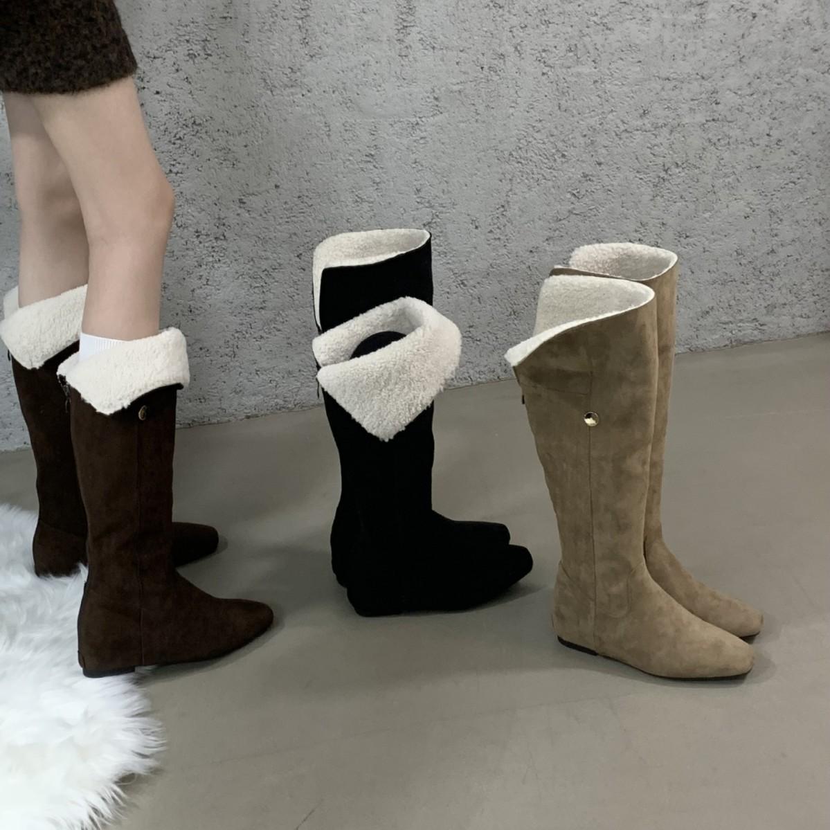 

2025 autumn and winter new round head hairy side zipper thick heel tall tube Martin warm snow female knight boots 39 хаки