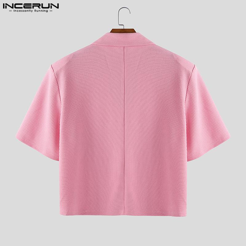 INCERUN Oversized Men Lapel Short Sleeve Casual Thin Texture Cropped Blazer Tops