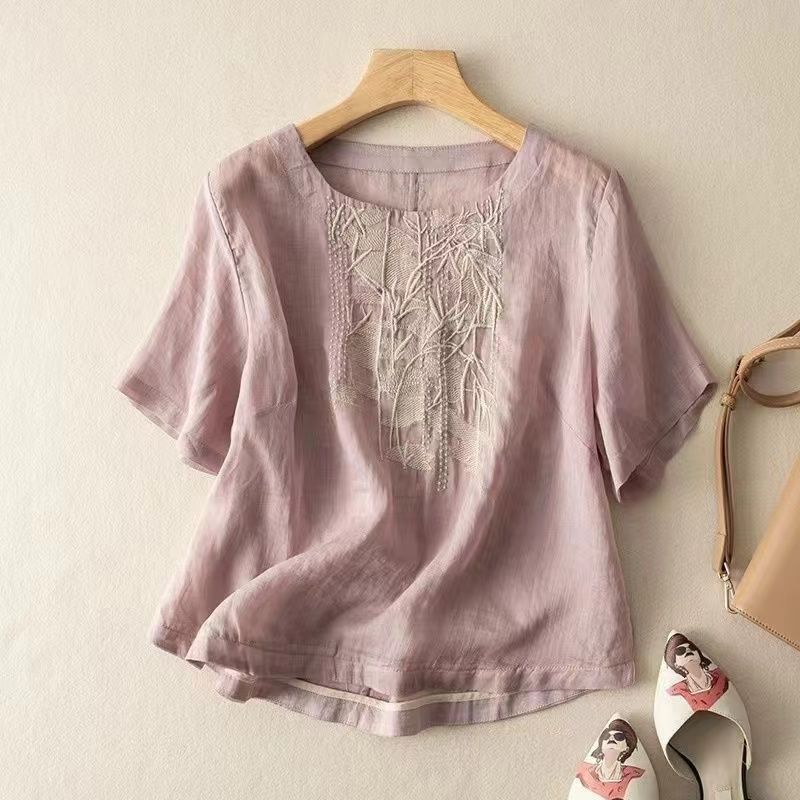 T-shirt a maniche corte in cotone e lino da donna, estiva, larga, ringiovanente, stile occidentale, piccola camicia per la madre, top di temperamento da donna