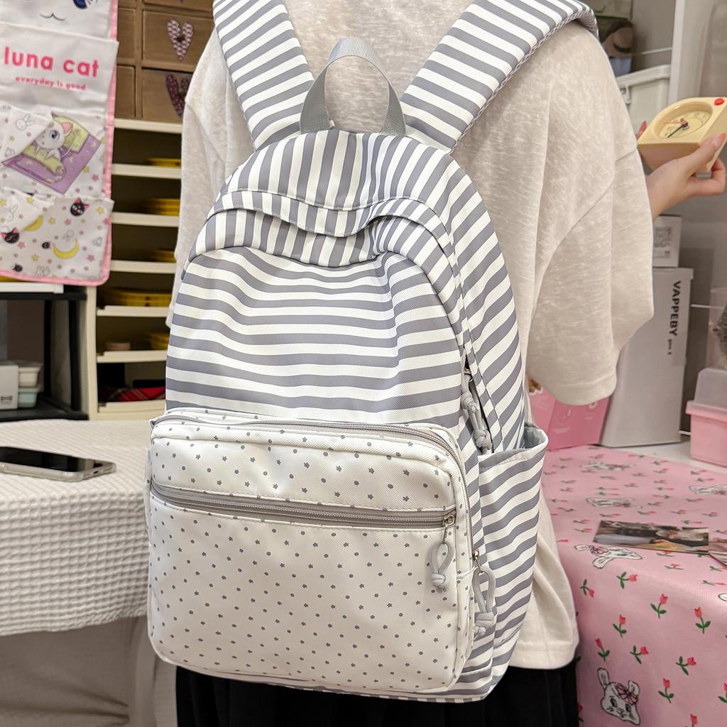 Cartella: Zaino scolastico a righe blu e pois blu mare, zaino da campus alla moda, grande capacità, leggero, zaino versatile ed elegante