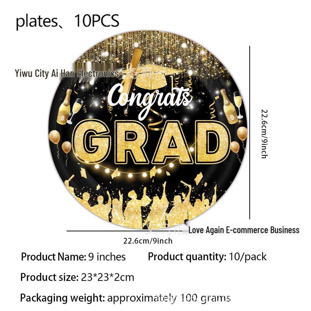 Graduation Party Disposable Tableware Set: Paper Plates, Cups, Banner, Tablecloth, and Knives. Perfect for University Graduation Celebrations.