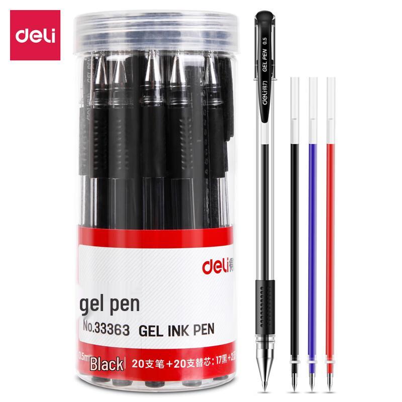 Deli 33363 0.5mm Black Gel Pen & Refill Set