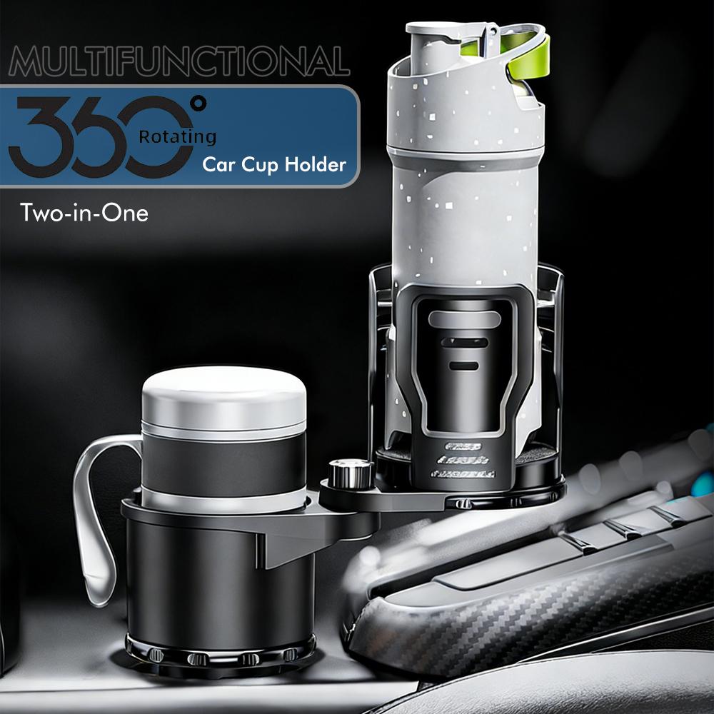 Multi-Functional Dual Cup Holder for Cars 360° Rotating Drink Holder & Instant Noodle Stand Large & Small Sizes with Switch Lock