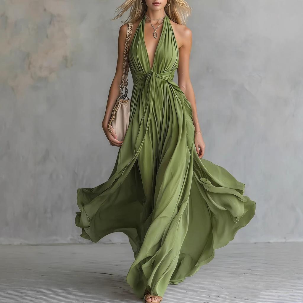 Summer women's clothing, solid color V-neck sleeveless sexy waist and thin dress, new in autumn