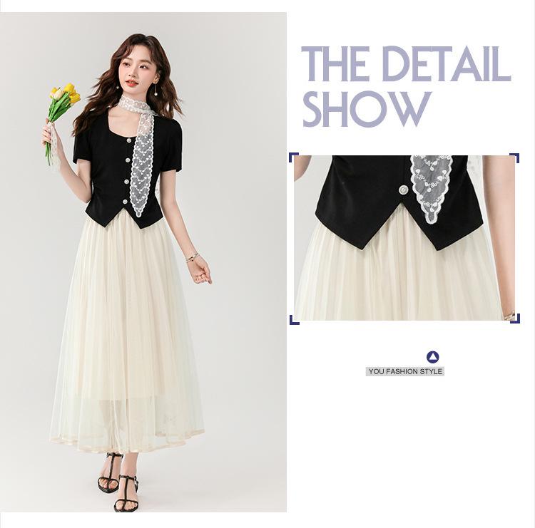 Elegant Knitted Short Sleeve Top & Mesh Skirt Set with Lace Scarf - Summer 2025