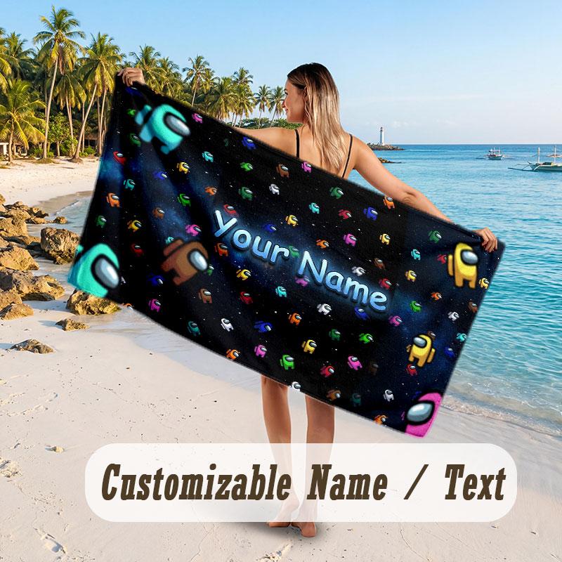 Personalized Beach Towel,Among Us Custom Printed Name Text, Super Absorbent Towel For Beach Vacation