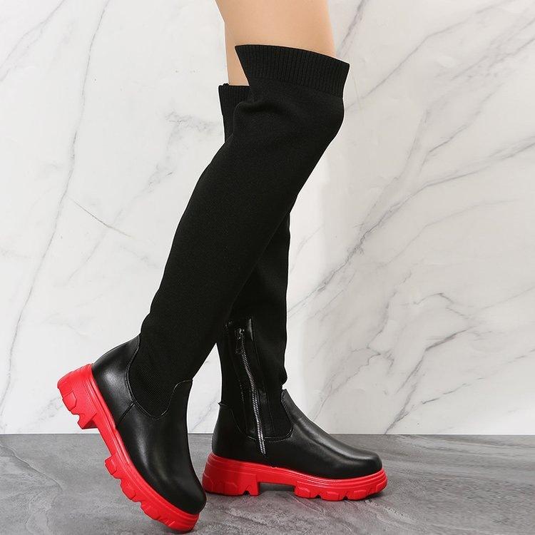 New Boots Women's Over-Knee Round Head Fly-Knitted Boots Women's Thick-soled Boots