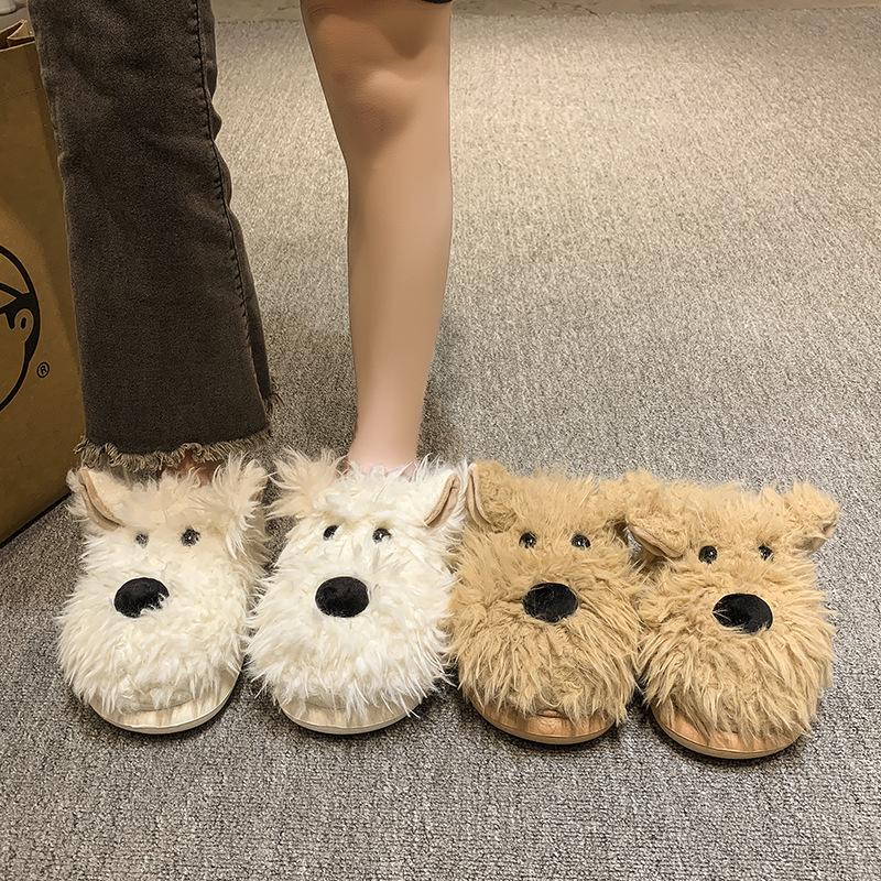 New Winter Plush Slippers Women's Cartoon Dog Plush Cotton Shoes Fashion Indoor Warm Home Slippers Non-slip Cotton Shoes