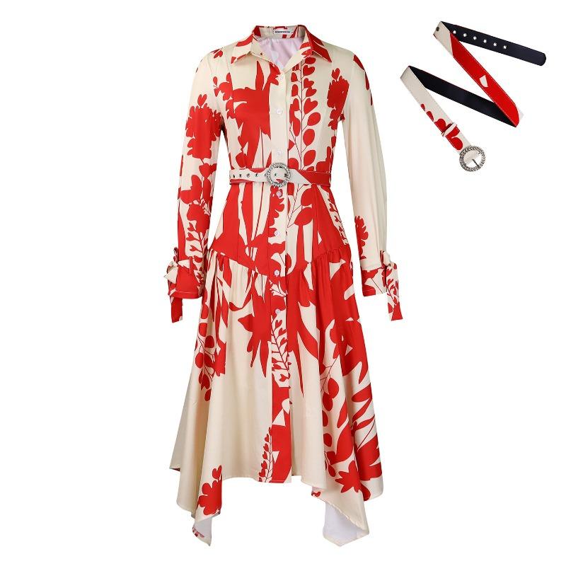 

Women s summer new long-sleeved printed lapel irregular loose large-size dress XXXL