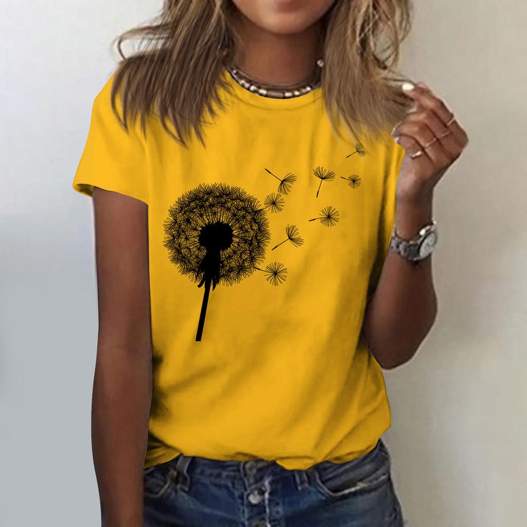 Women's Cute Printed Short Sleeve Round Neck Front Shoulder Vintage Short Sleeve Summer Loose Shirt Top