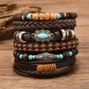 Leather Bracelets for Men Women Handmade Wrap Woven Cuff Bracelets Wooden Beaded Bracelets Vintage Ethnic Tribal Wristbands Bracelet Set Adjustable