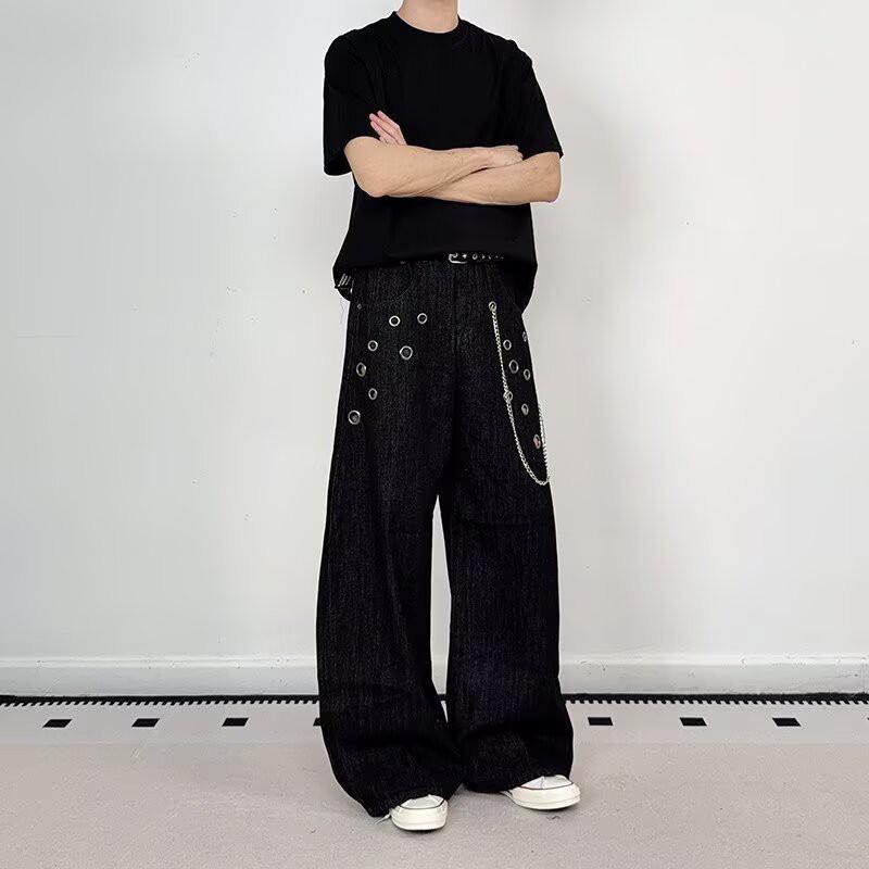 Unisex Loose Fit Straight Leg Denim Pants With Embroidery Detail Mid-Rise Cotton Jeans Daily Wear