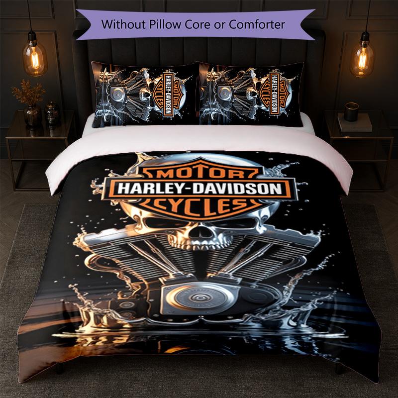 Harley-Davidson Print 3Pcs Duvet Cover Set 1 Duvet Cover and 2 Pillowcases Soft Bed Linen For Household Bedroom