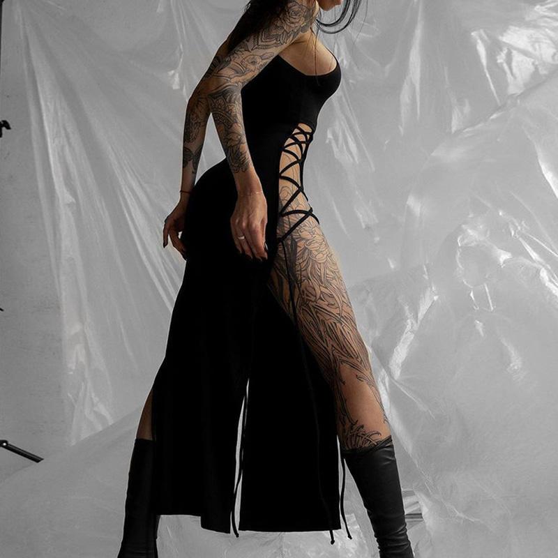 Goth Dark Cosplay Hoher Schlitz Sexy Bandage Damenkleider Y2K Mall Gothic Neckholder Slim Midi Kleid Schwarz Grunge Stil Alt Partykleidung