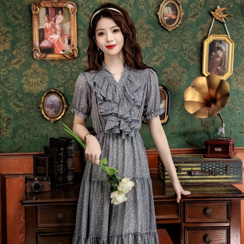 

Французское шифоновое платье с оборками и пэчворком: Легкий, Приталенный, Пышный рукав, Отпускной стиль с принтом для женщин Extra Large