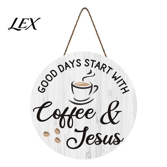 Coffee Shop Wall Art Wooden Bar Signs, Rustic Themed Hanging Sign, Cup Vintage Style Kitchen Shape & Round Wood Plaque for Farmhouse Decor