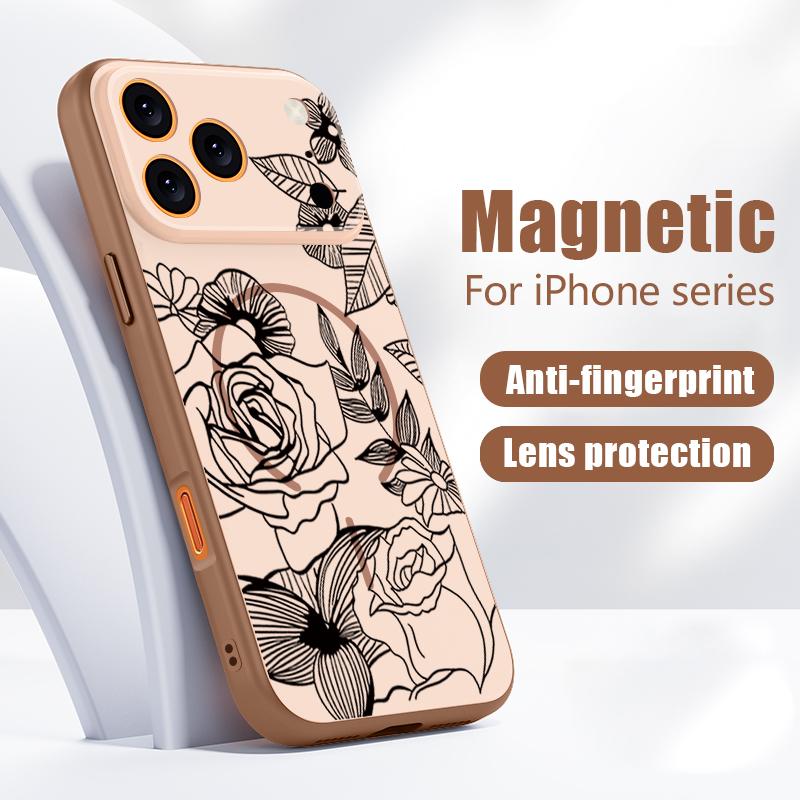 Case For iPhone 17 Pro Max Line Rose Flowers Leaves Pattern Magnetic For Magsafe Hybrid Slim Matte Cover For iPhone 16 15 14 13 Pro Max