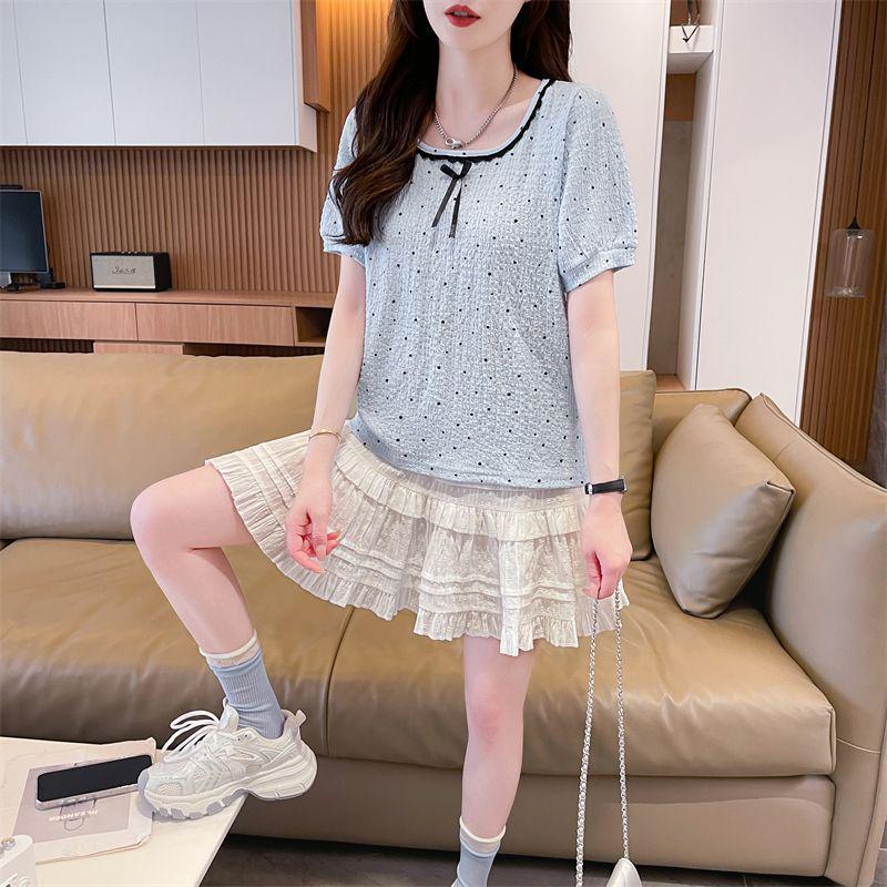 

Women s Summer Polka Dot Short Sleeve T-Shirt - Plus Size, Slimming Design, Tummy-Covering Blouse M синий