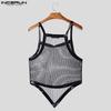 INCERUN Men Summer Strap Sleeveless Glitter See Through Mesh Party Irregular Tank Tops