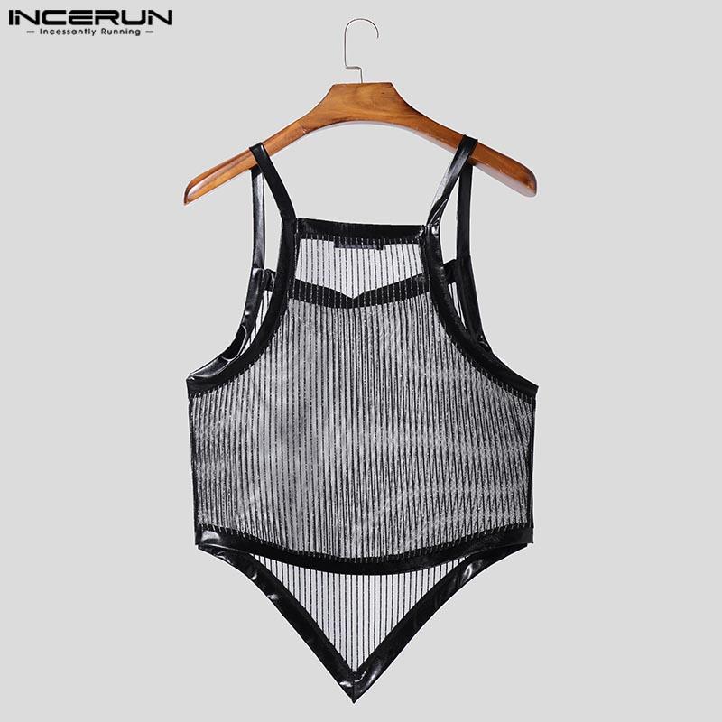 INCERUN Men Summer Strap Sleeveless Glitter See Through Mesh Party Irregular Tank Tops