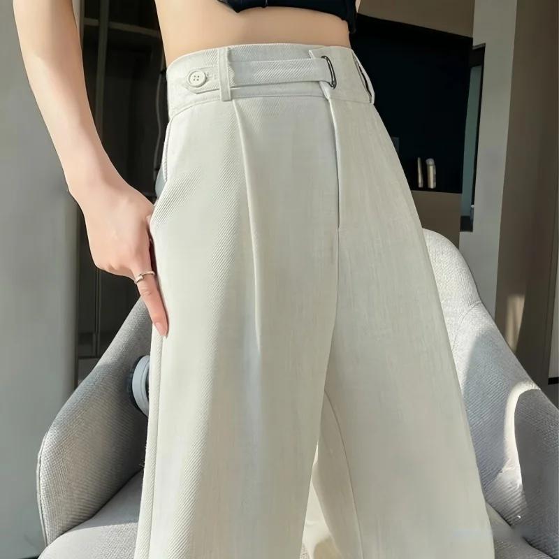 Spring Summer Elegant Button Women's Wide Leg Pants High Waist Solid Casual Loose Straight Trousers for Womens