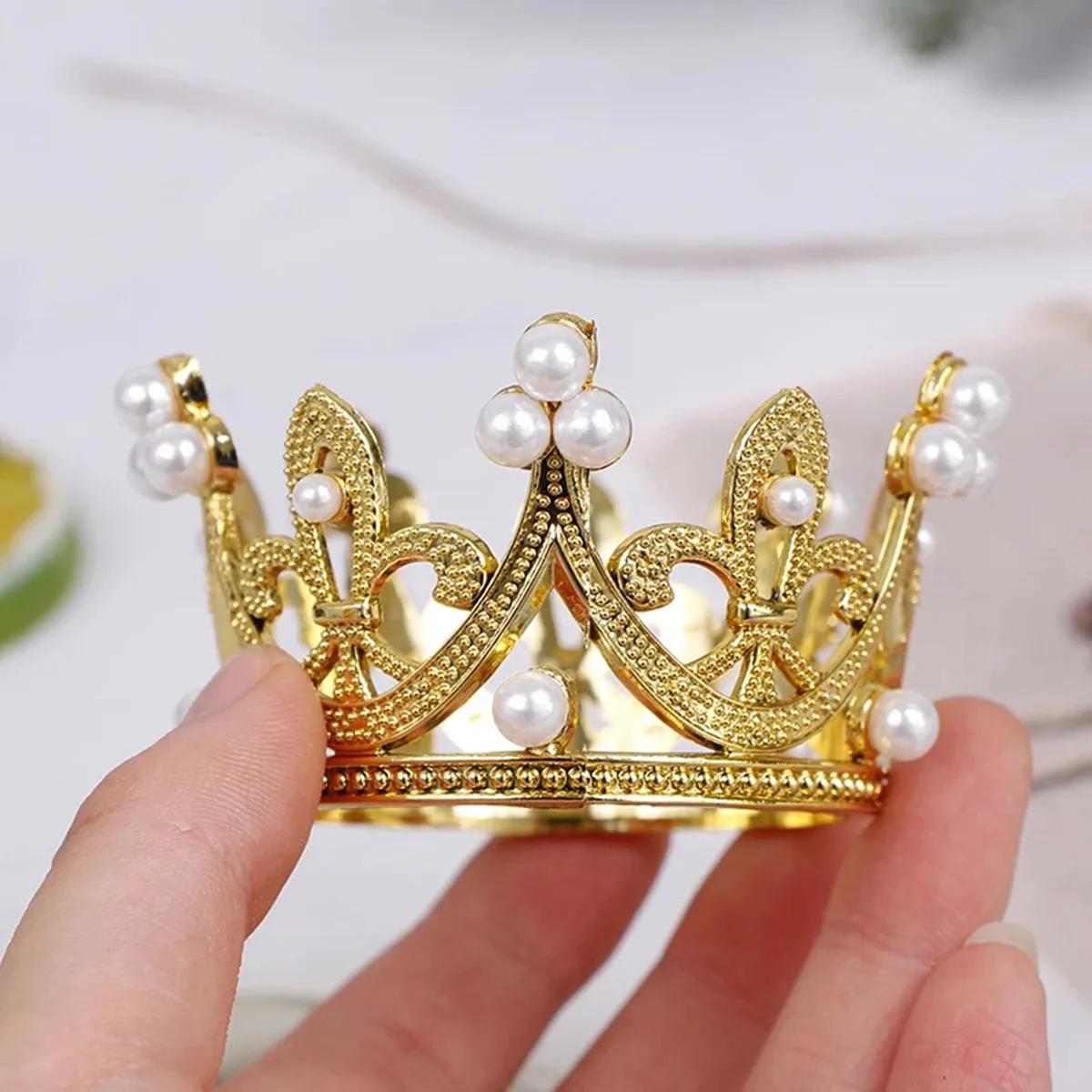 

Мини-корона из жемчужин для торта, романтическая гирлянда, с днем рождения, детские украшения для волос, свадебные украшения, сувениры для вечеринки золотой