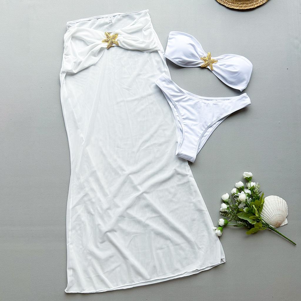 3 Pieces Bikini Set Push Up Bikini Sexy Women Swimsuit Maxi Dress Female Swimwear Solid Bathing Suit Beachwear Cover Ups