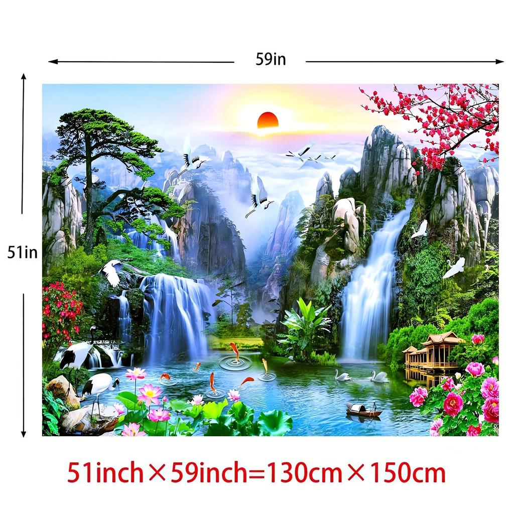 21 pieces of magical waterfalls and cherry blossoms swans koi fish and pagodas - Asian landscapes in synthetic natural scenes