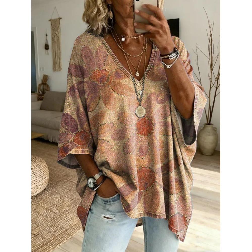 Women's plus size V-neck top, elegant and comfortable simple floral pattern print plus size women's V-neck T-shirt