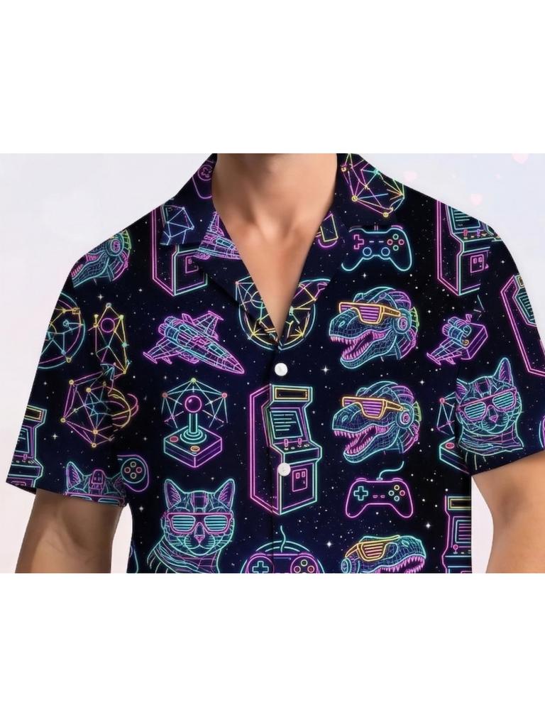 Herren Retro Neon Dinosaurier Muster Cuban Collar Hemd, 80er Vintage Cyberpunk Weltraumkatze Rakete Muster Kurzarm Hawaiianisches Hemd, Lässig Locker Sommer