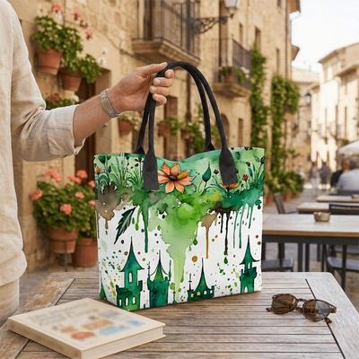  Watercolor Castle Print Casual Tote Bag Fashion Lightweight Shoulder Handbag for Daily Use