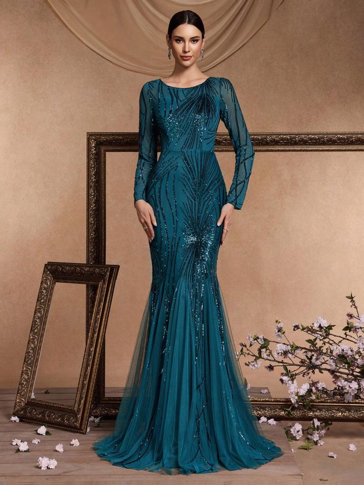 Elegante Vestido de Festa Longo de Manga Comprida Ajustado Cauda de Peixe para Madrinha