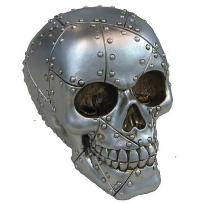 [A3298] - Gray 'Skull' Resin Figurine (metal Plates) - 15x12x10cm