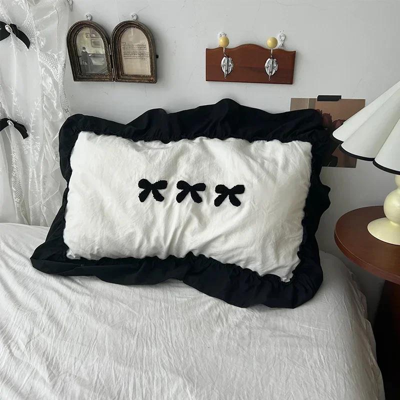 Black Bow Cotton Bedding Set, Princess Style Cute Girl Skin Friendly Soft Duvet Cover, Bed Sheet or Bed Skirt Pillowcase