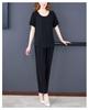Summer Cotton Silk Women's Loose Two-Piece Set: Solid Color Short Sleeve Top and Long Pants, Plus Size Casual Wear.
