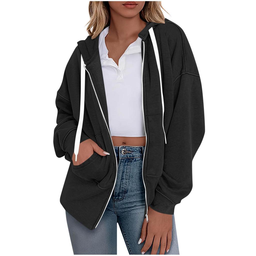 Women's Fashionable Solid Color Long Sleeved Hooded Sweatshirt With Loose Zipper Pocket Jacket