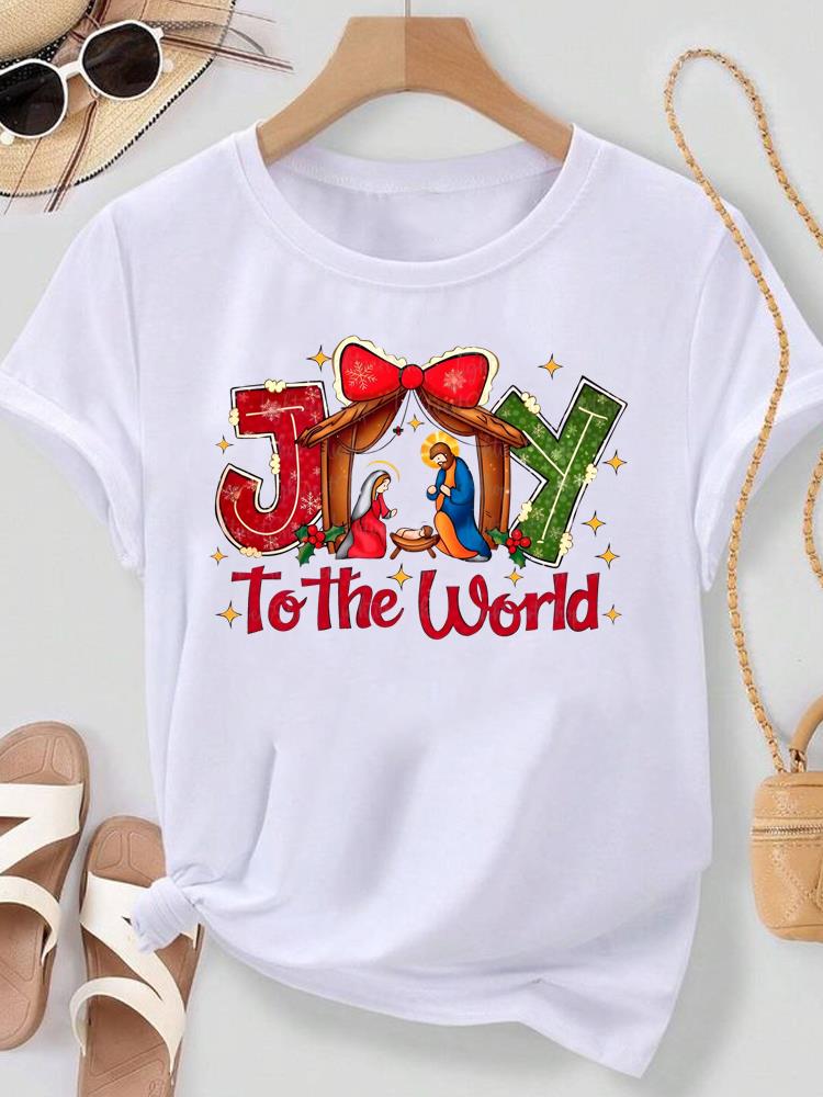 (Asian Size) Merry Christmas New Year Women's Top T Tee Festival O-neck Plaid Tree Style Clothing Print Fashion Ladies Graphic T-shirts