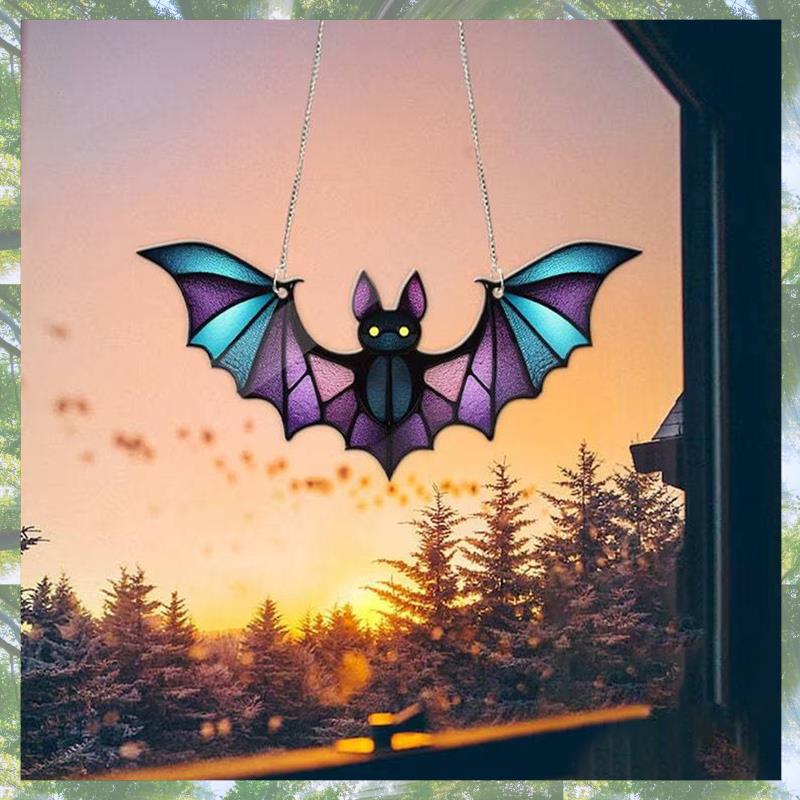 Premium-Halloween Bat Stained Glass Suncatcher Window Hanging Acrylic Wall Art Suncatcher Decoration Ghostss Festival Colorful