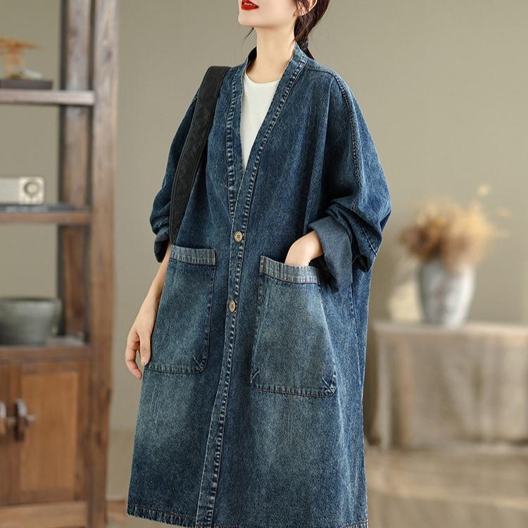 Dimanaf 2025 Autumn Denim Jackets Long Coat Long Sleeve Shirt Women Loose Blue Vintage Tops Plus Size Coat