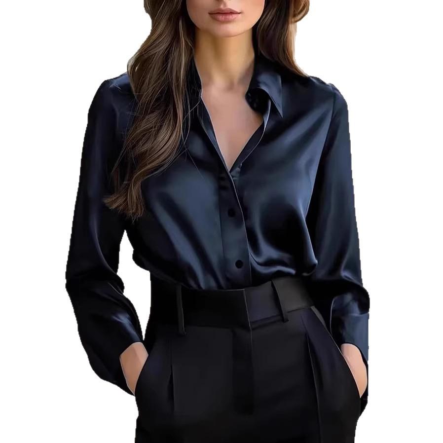 European and American temperament commuter long-sleeved shirt women's autumn POLO collar polyester cardigan
